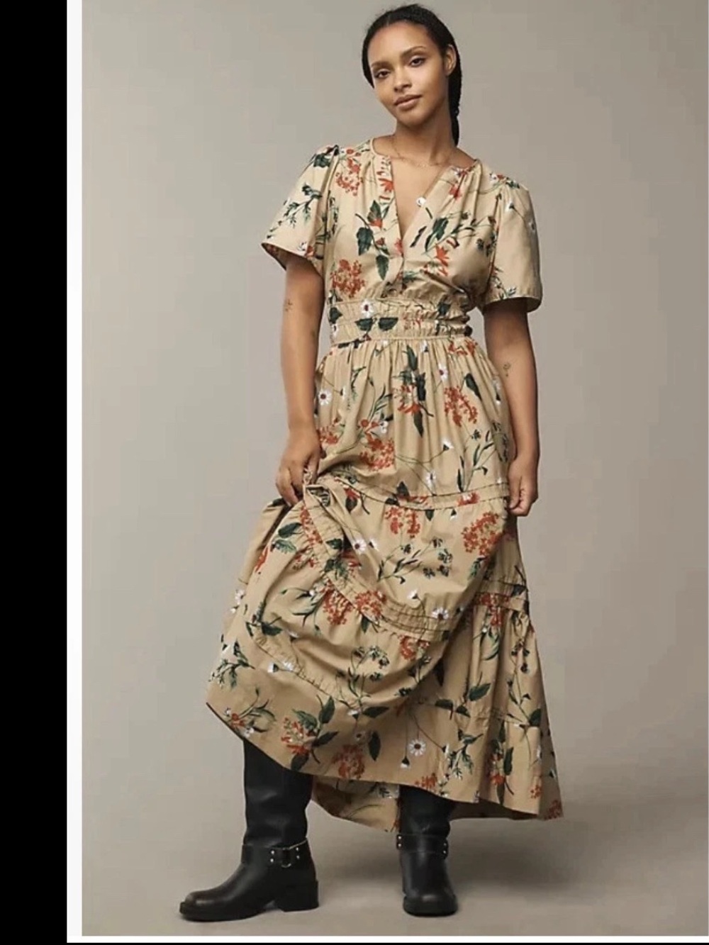 NEW Anthropologie The Somerset Tiered Khaki Floral Maxi Dress